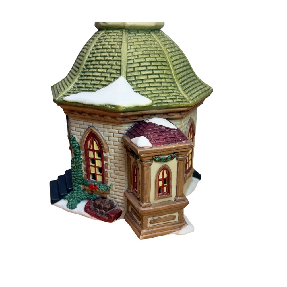 Vintage 1999 Christmas Church Village Building Green Cream Retro Holiday Decor - Picture 6 of 12